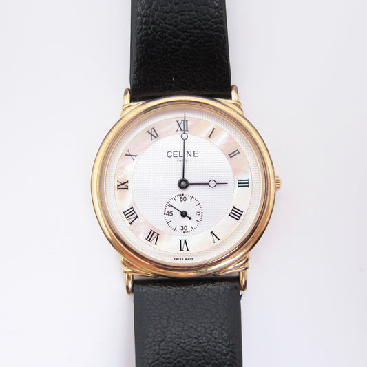 Celine Vintage Round White and Shell Pearl Face with Black Leather Strap Watch