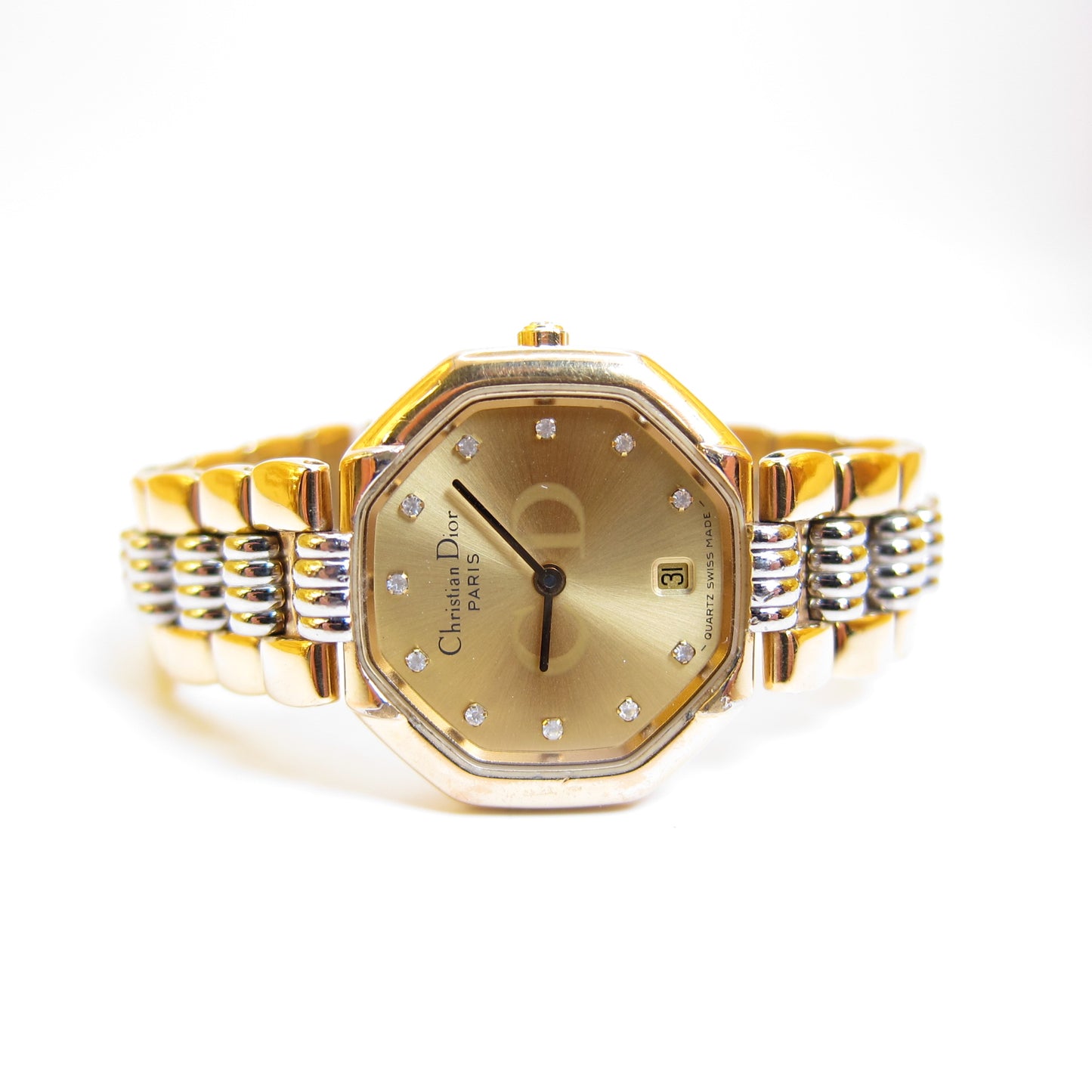 Christian Dior Vintage Octagon Golden Face Diamond Dial Two Tone Watch