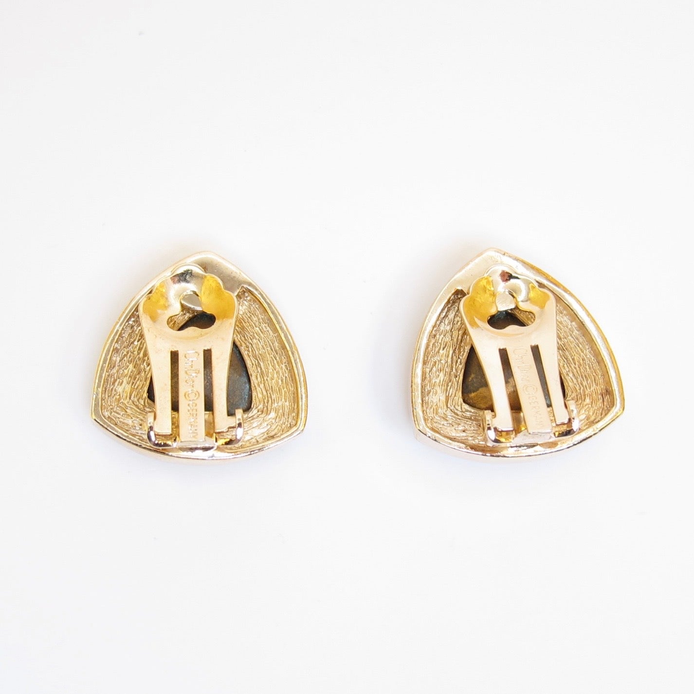 Christian Dior Vintage Triangle Blue and Rhinestone Golden Clip-on Earrings