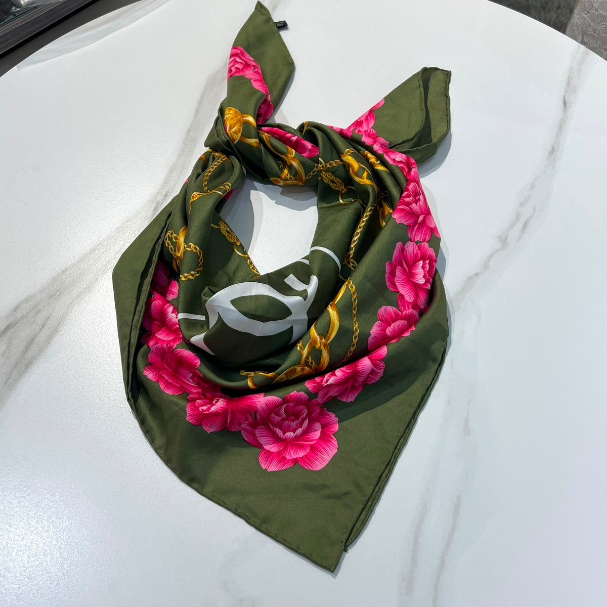 Chanel Vintage CC Logo Olive Green Chain Rose Floral Silk Scarf