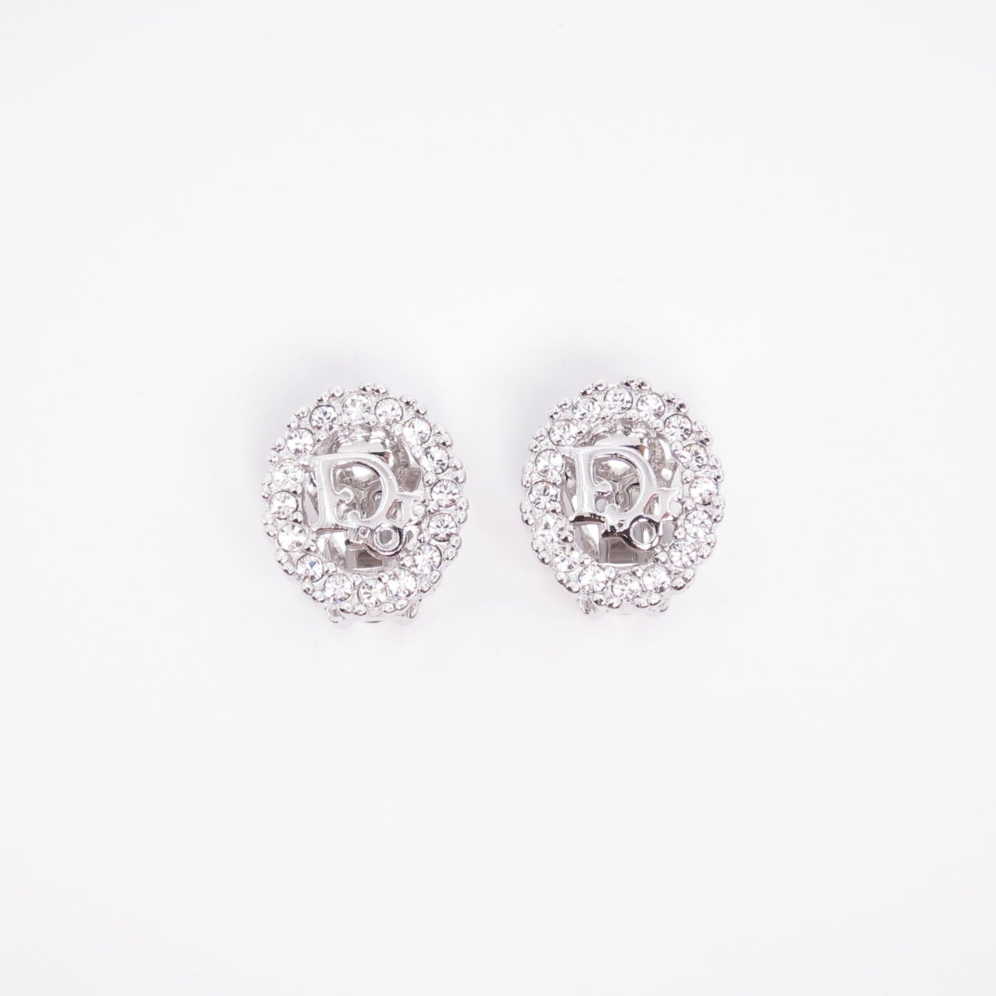 Christian Dior Vintage Dior Logo in Oval Shape with Rhinestone Silver Clip-on Earrings