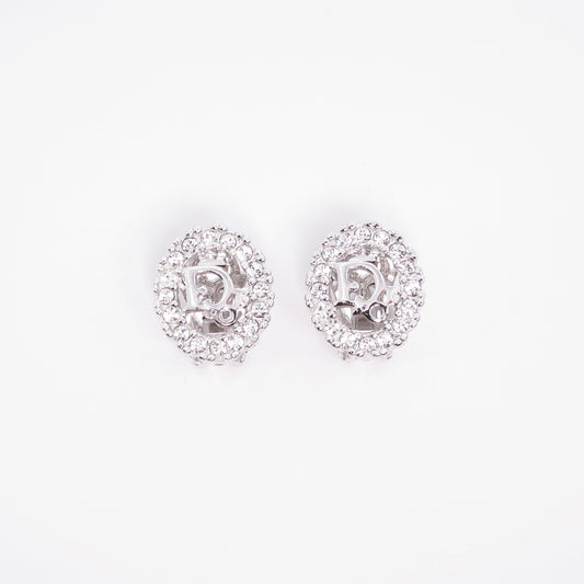Christian Dior Vintage Dior Logo in Oval Shape with Rhinestone Silver Clip-on Earrings