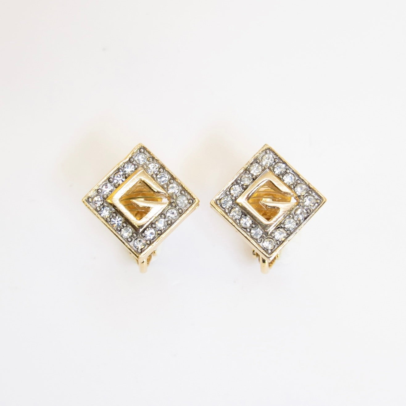 Givenchy Vintage G Logo and Rhinestone Golden Clip-on Earrings