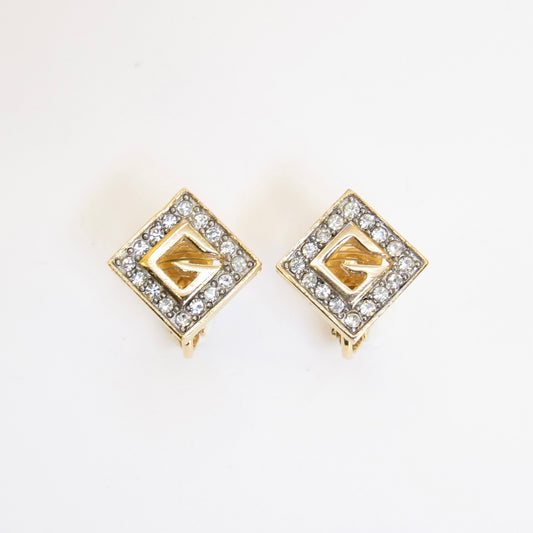 Givenchy Vintage G Logo and Rhinestone Golden Clip-on Earrings