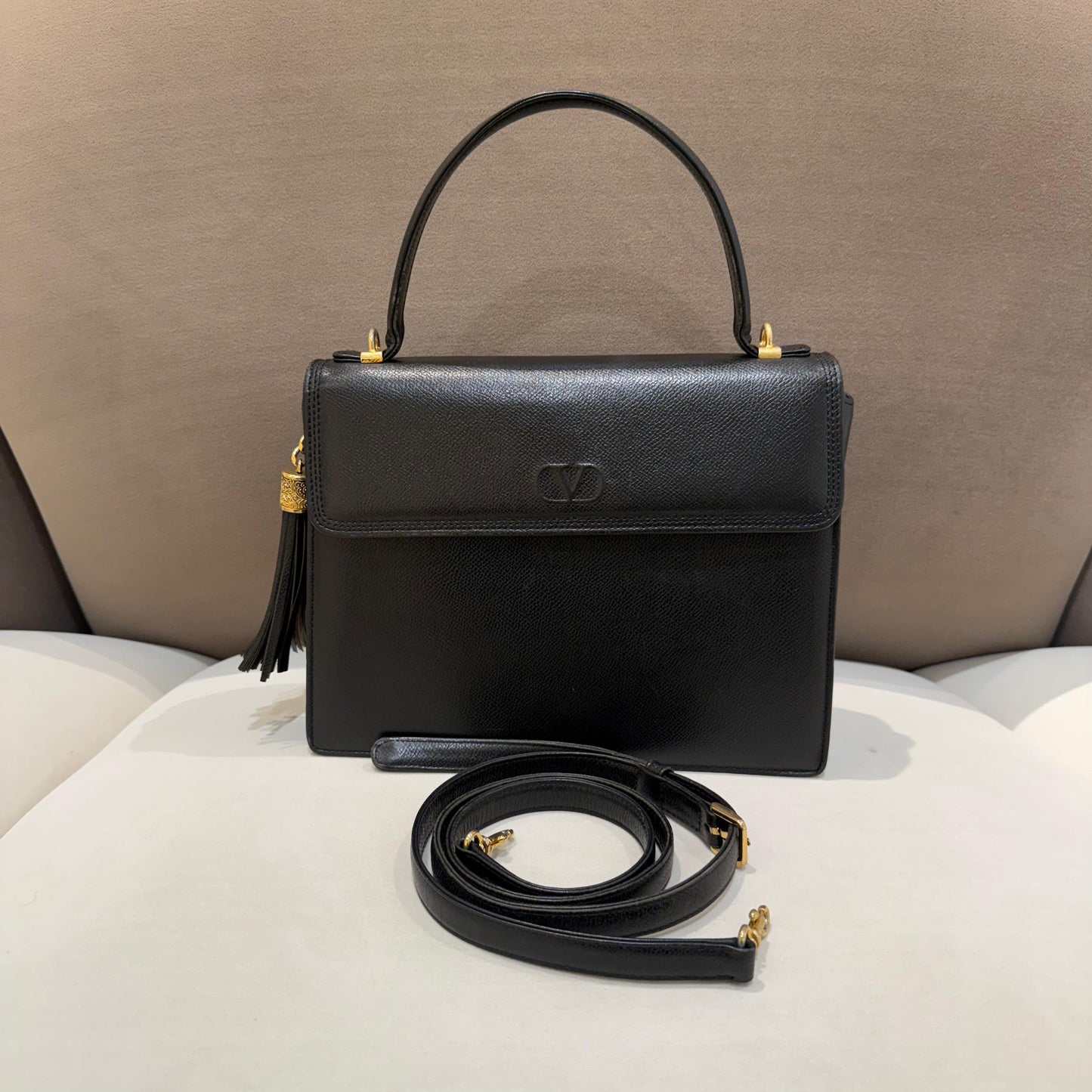 Valentino Garavani Vintage Black Leather 2-Way Top Handle Shoulder Bag