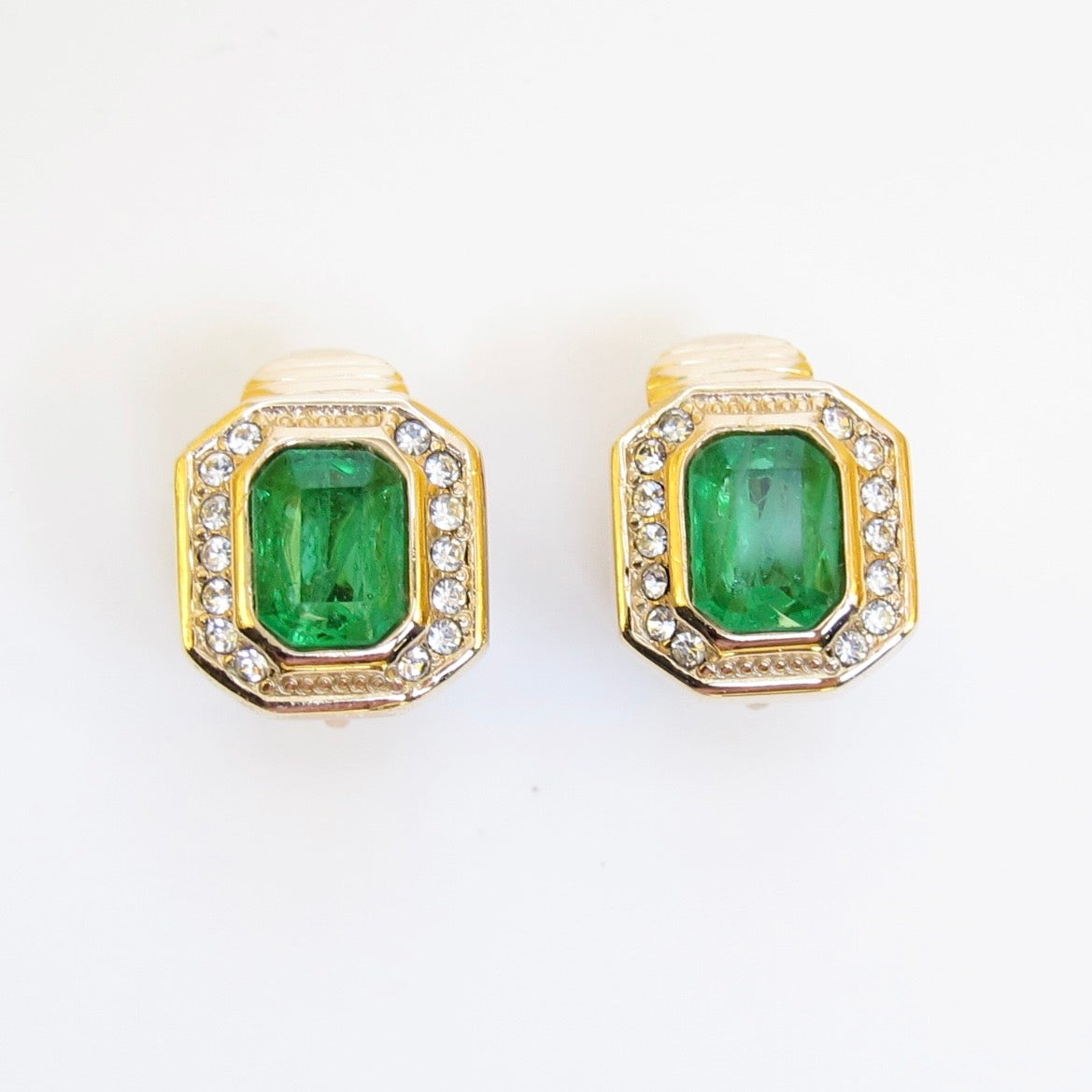 Christian Dior Vintage Octagon Green and Rhinestone Golden Clip-on Earrings