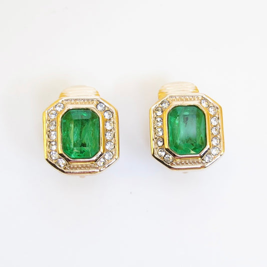 Christian Dior Vintage Octagon Green and Rhinestone Golden Clip-on Earrings