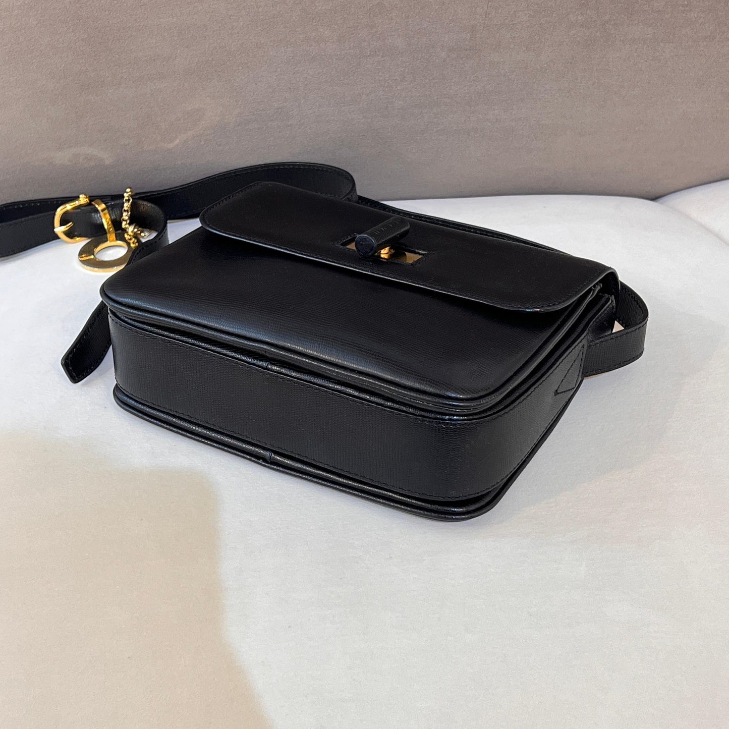 Celine Vintage Black Leather Turn Lock Shoulder Bag