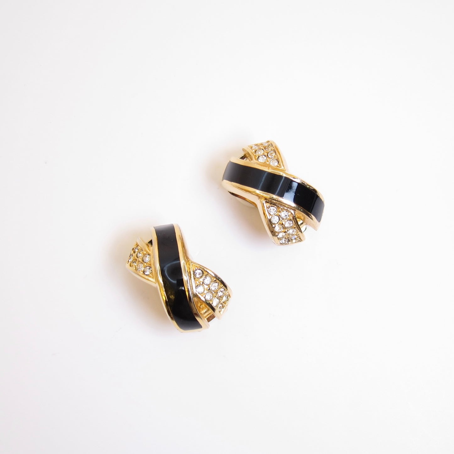 Christian Dior Vintage Black and Rhinestone Cross Golden Clip-on Earrings