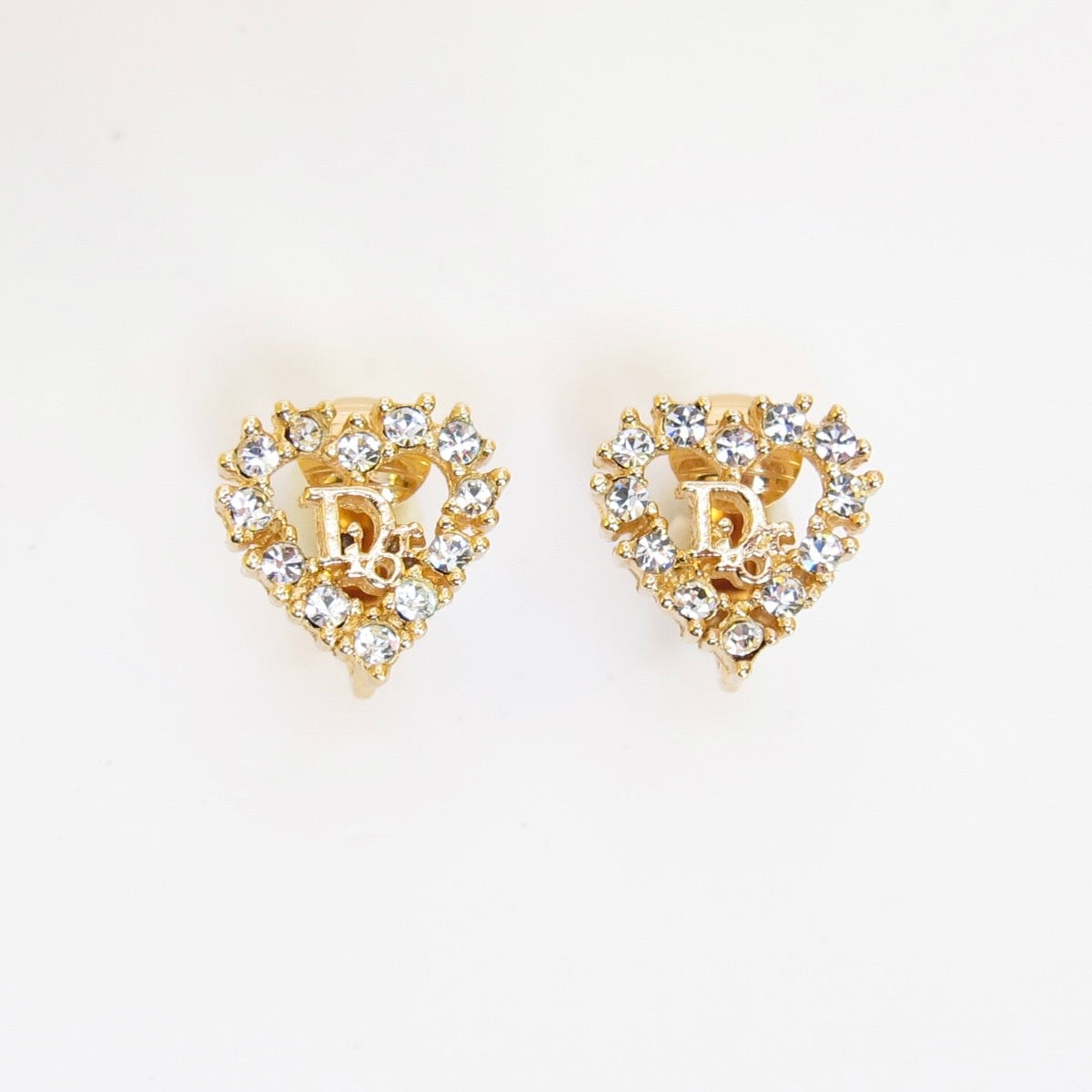 Christian Dior Vintage Dior Logo in Heart with Rhinestone Golden Clip-on Earrings