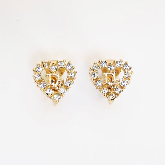 Christian Dior Vintage Dior Logo in Heart with Rhinestone Golden Clip-on Earrings