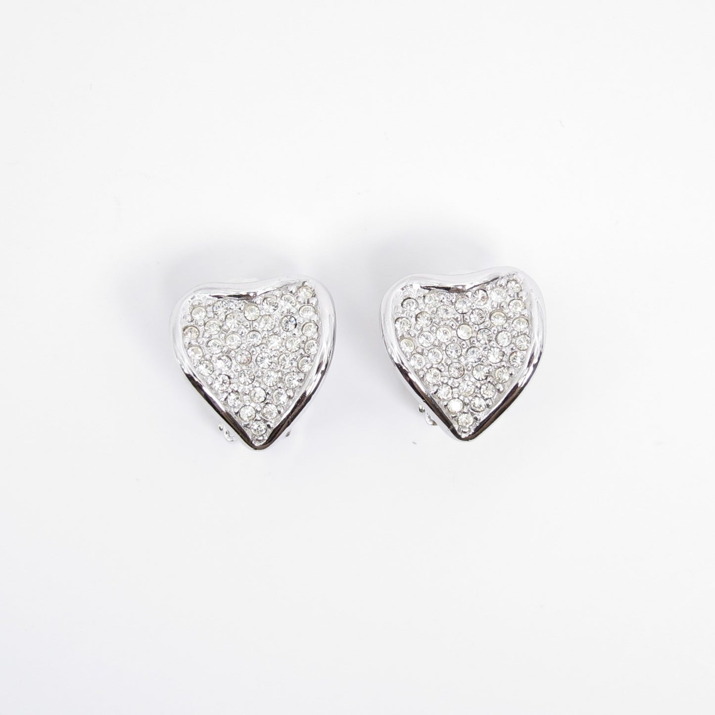 Christian Dior Vintage Heart-shaped with Rhinestone Silver Clip-on Earrings