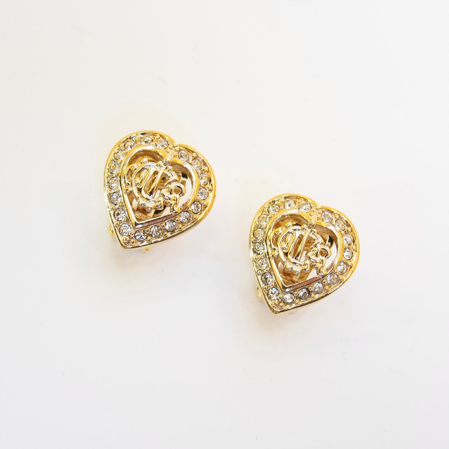 Christian Dior Vintage Dior Logo in Heart with Rhinestone Golden Clip-on Earrings