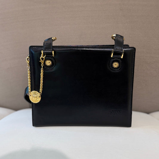 Versace Vintage Black Leather Tote Bag With Gold Medallion Charm