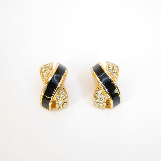 Christian Dior Vintage Black and Rhinestone Cross Golden Clip-on Earrings