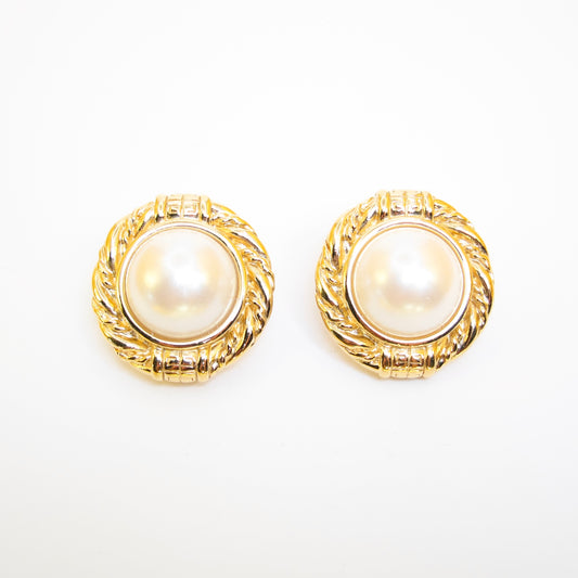 Givenchy Vintage 4G Logo Round Shape Pearl Golden Clip-on Earrings