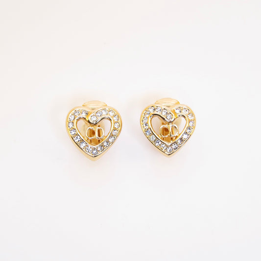 Christian Dior Vintage CD Logo in Heart with Rhinestone Golden Clip-on Earrings