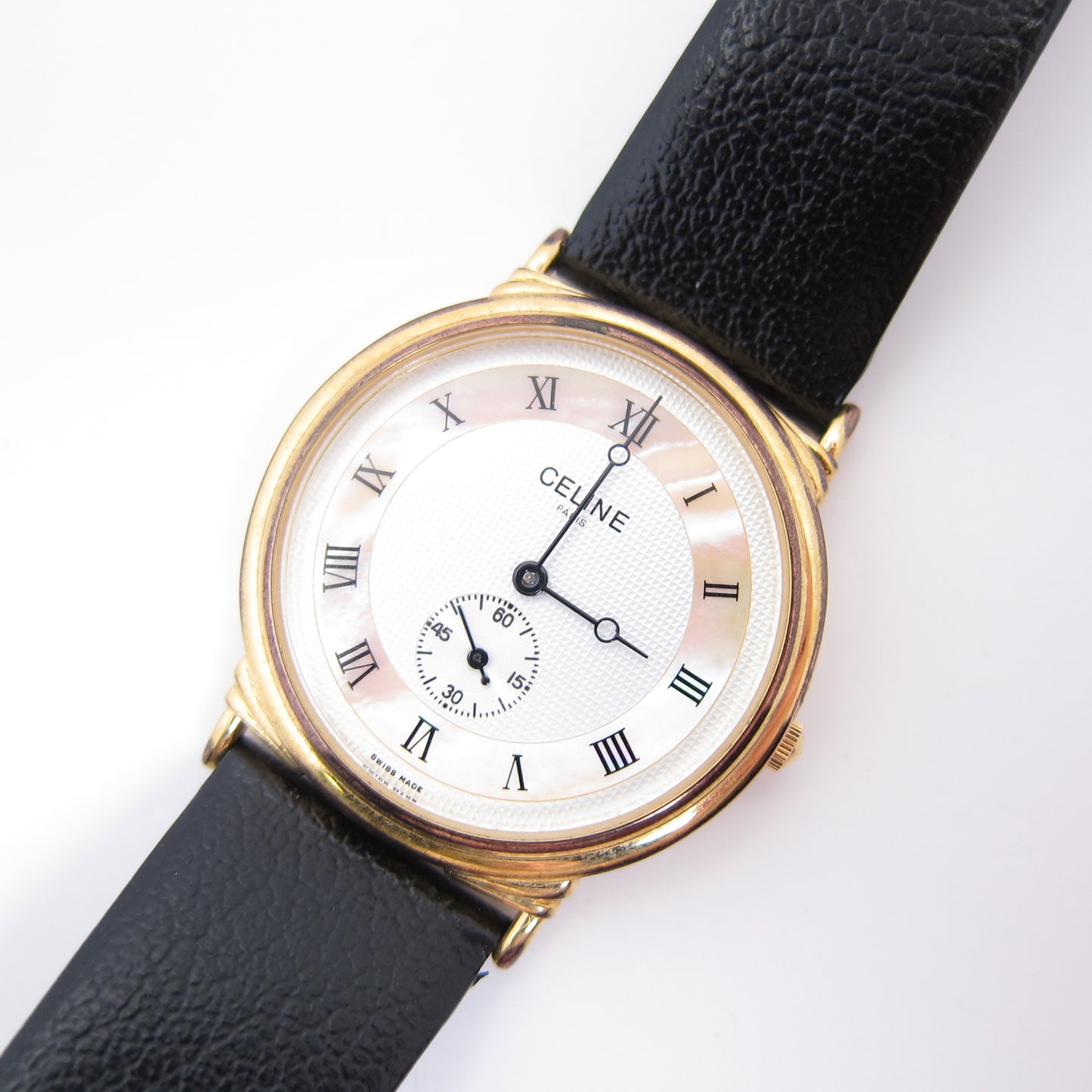 Celine Vintage Round White and Shell Pearl Face with Black Leather Strap Watch
