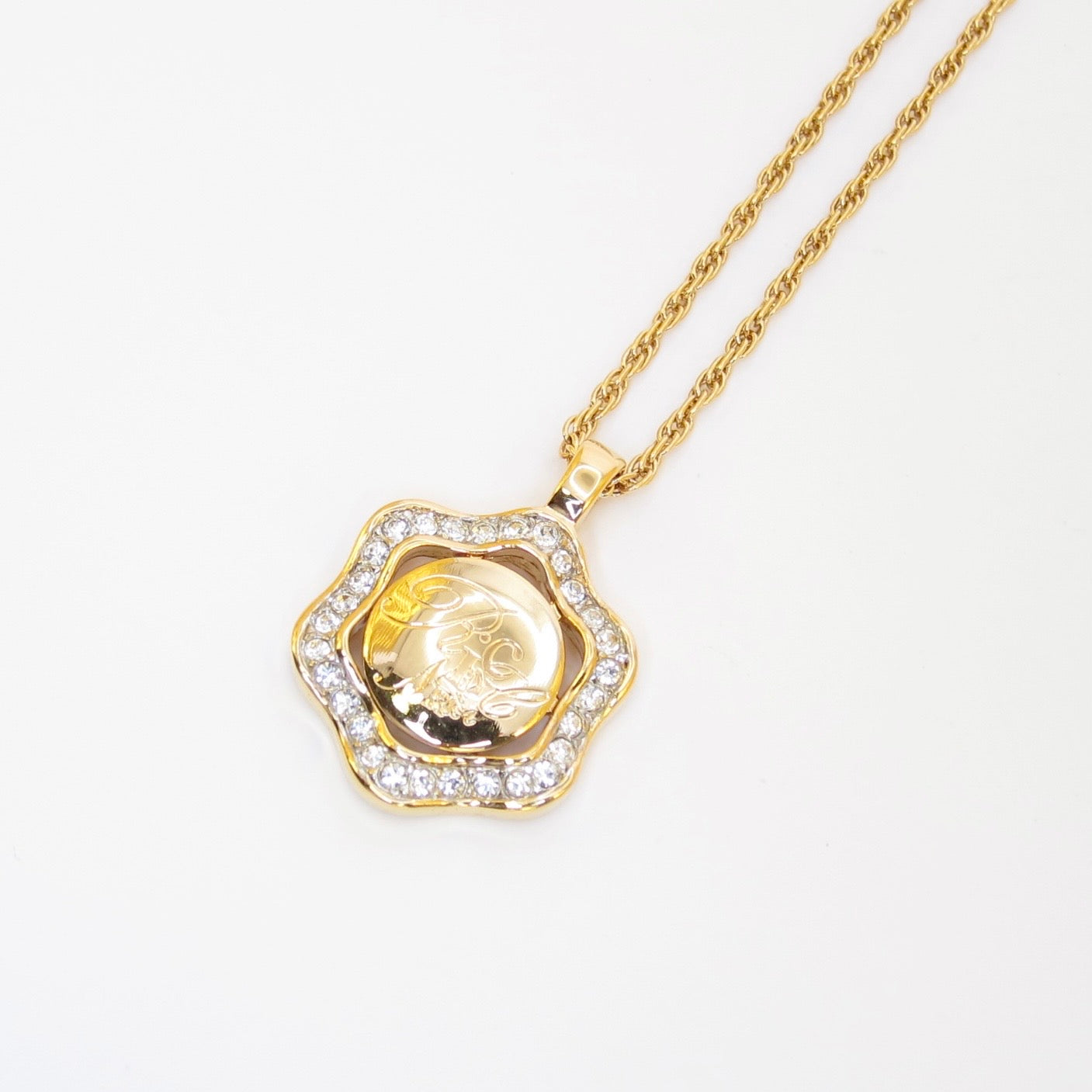 Nina Ricci Vintage Logo on Circle and Ruffle Edge with Rhinestone Golden Necklace