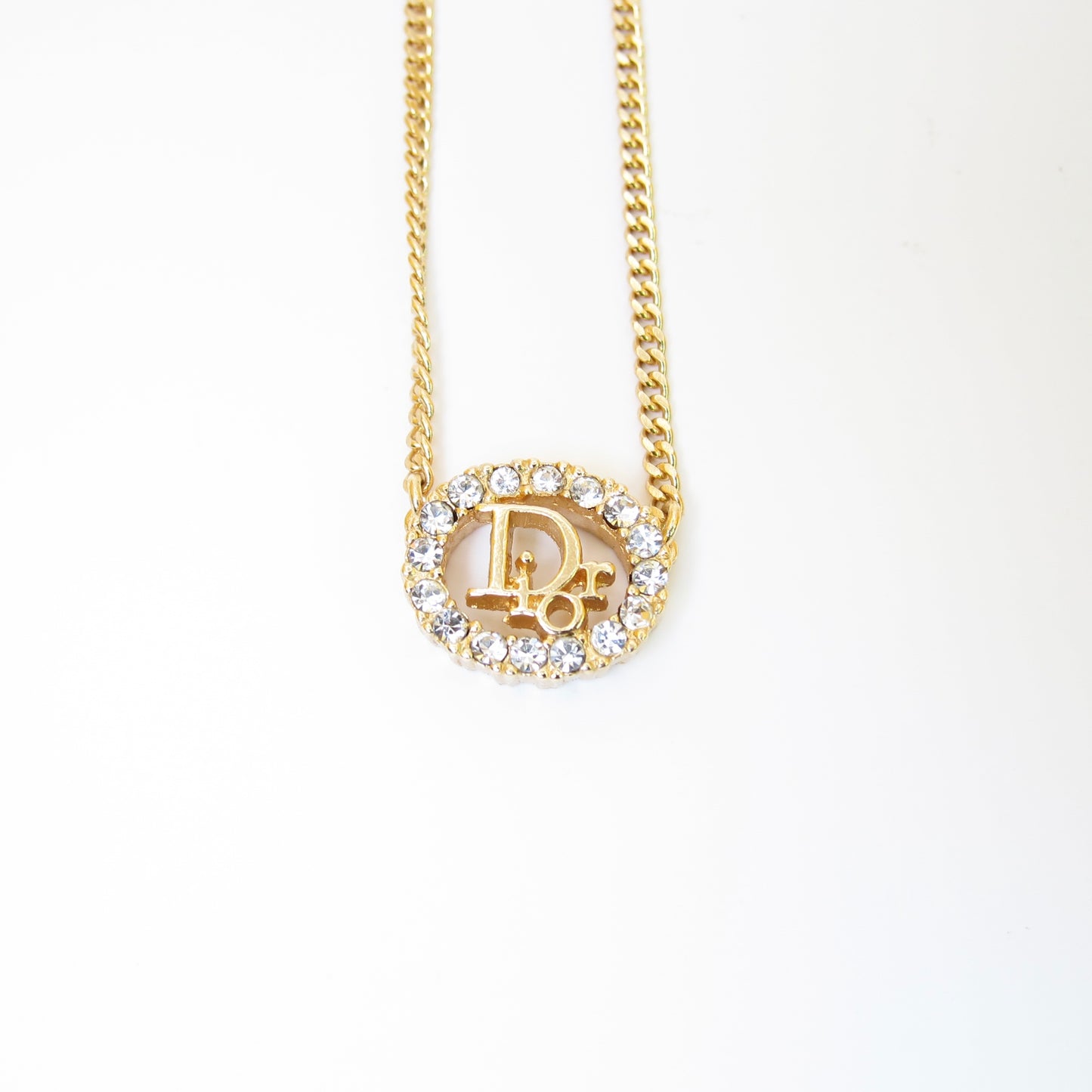 Christian Dior Vintage Dior Logo in Oval Shape with Rhinestone Golden Necklace