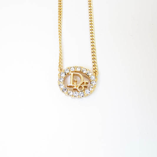 Christian Dior Vintage Dior Logo in Oval Shape with Rhinestone Golden Necklace