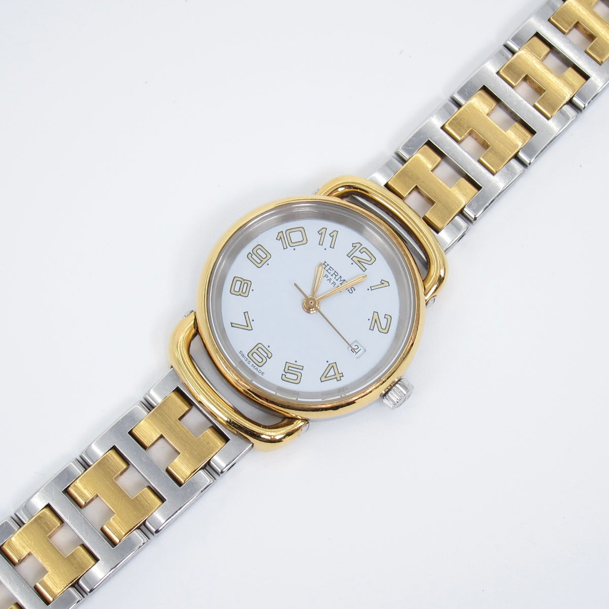 Hermes Vintage Pullman White Face with Date and H Bracelet Two Tone Watch