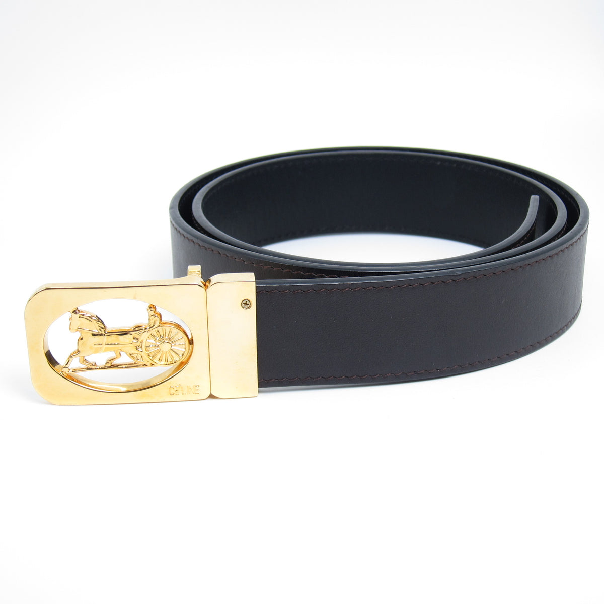 Celine Vintage Sulky Carriage Golden Buckle Grey Brown Leather Belt