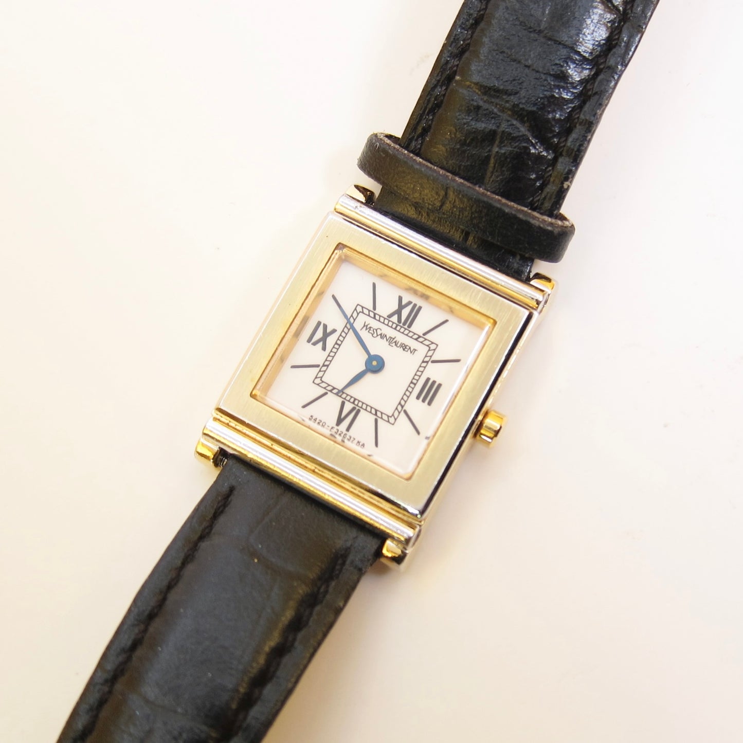 Yves Saint Laurent Vintage Square White Face and Black Leather Strap Watch