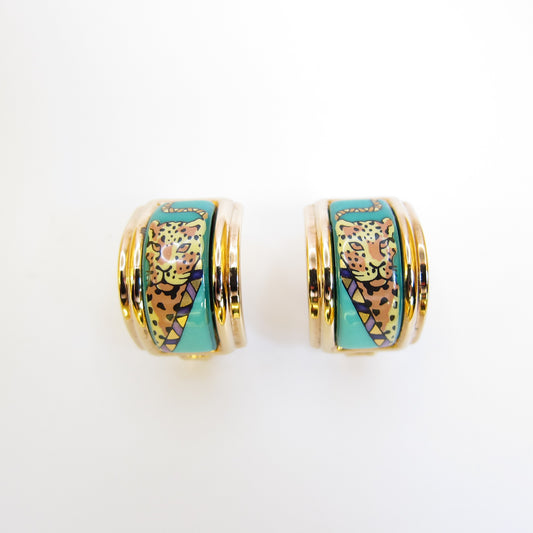 Hermes Vintage Leopard Cloisonne Enamel Golden Clip-on Earrings