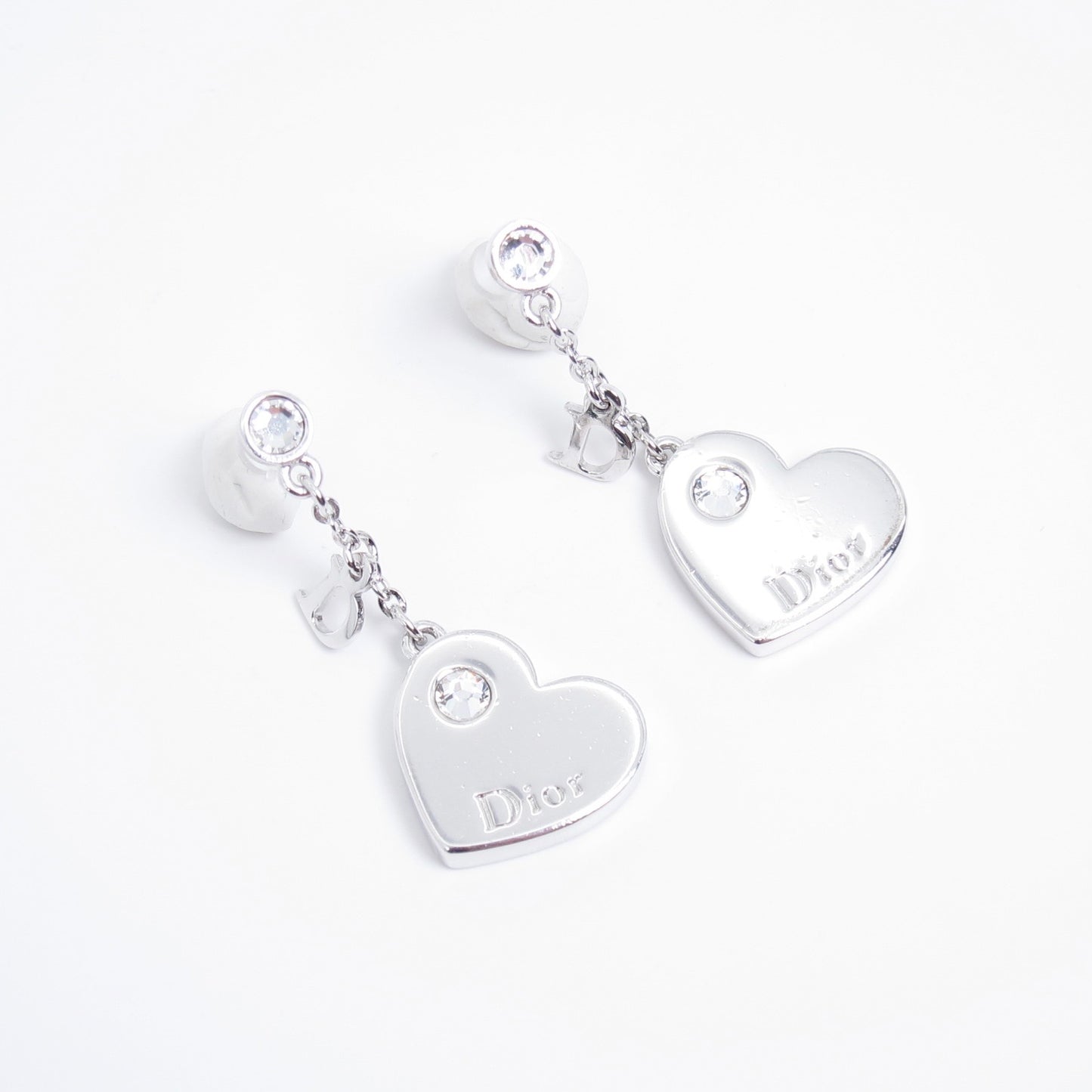 Christian Dior Vintage D Logo and Heart Dangle Silver Earrings