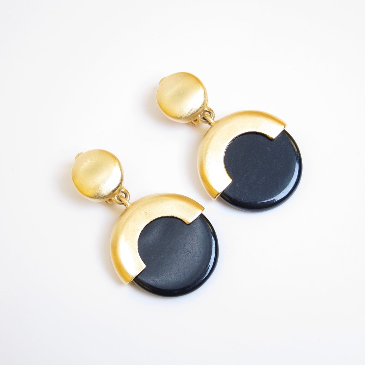 Givenchy Vintage Black Lucite and Satin Golden Drop Clip-on Earrings