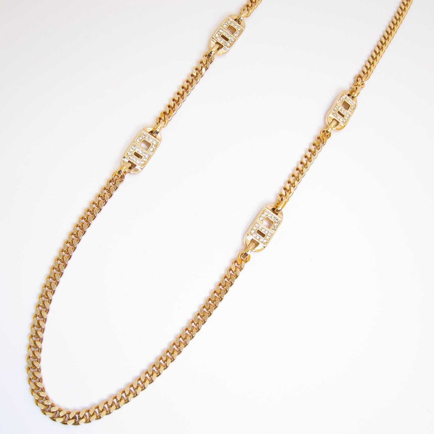 Christian Dior Vintage CD Logo with Rhinestone Golden Long Necklace