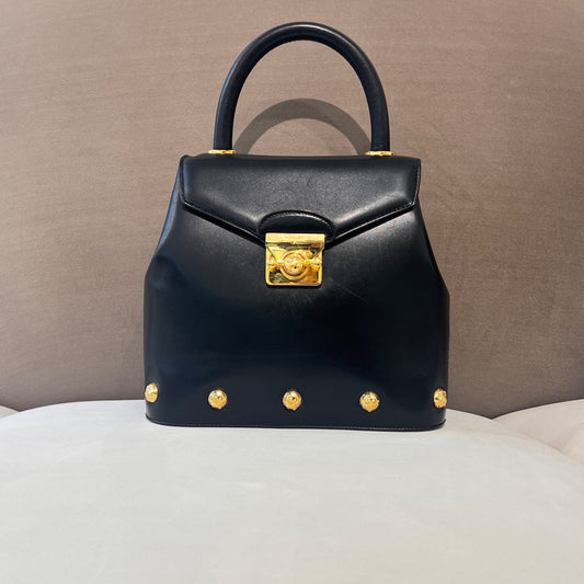 Ferragamo Vintage Black Structured Gold Hardware Handbag