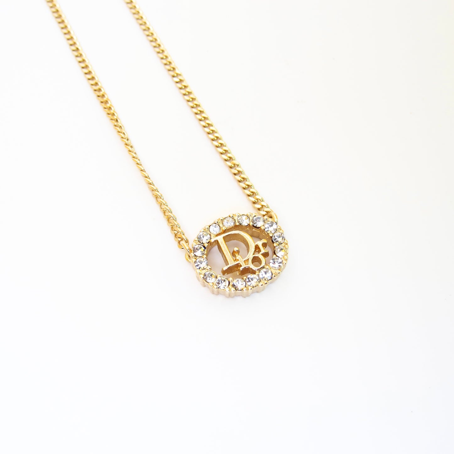 Christian Dior Vintage Dior Logo in Oval Shape with Rhinestone Golden Necklace