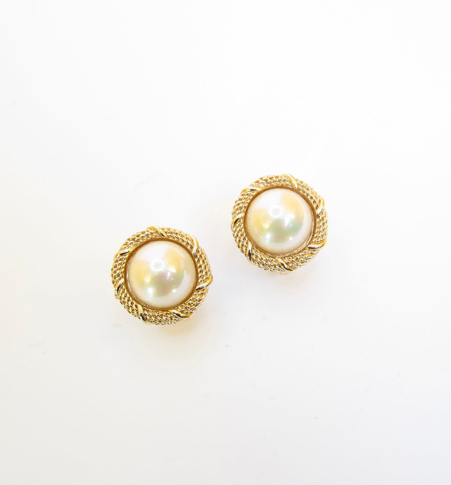 Christian Dior Vintage Round Shape Pearl Golden Clip-on Earrings