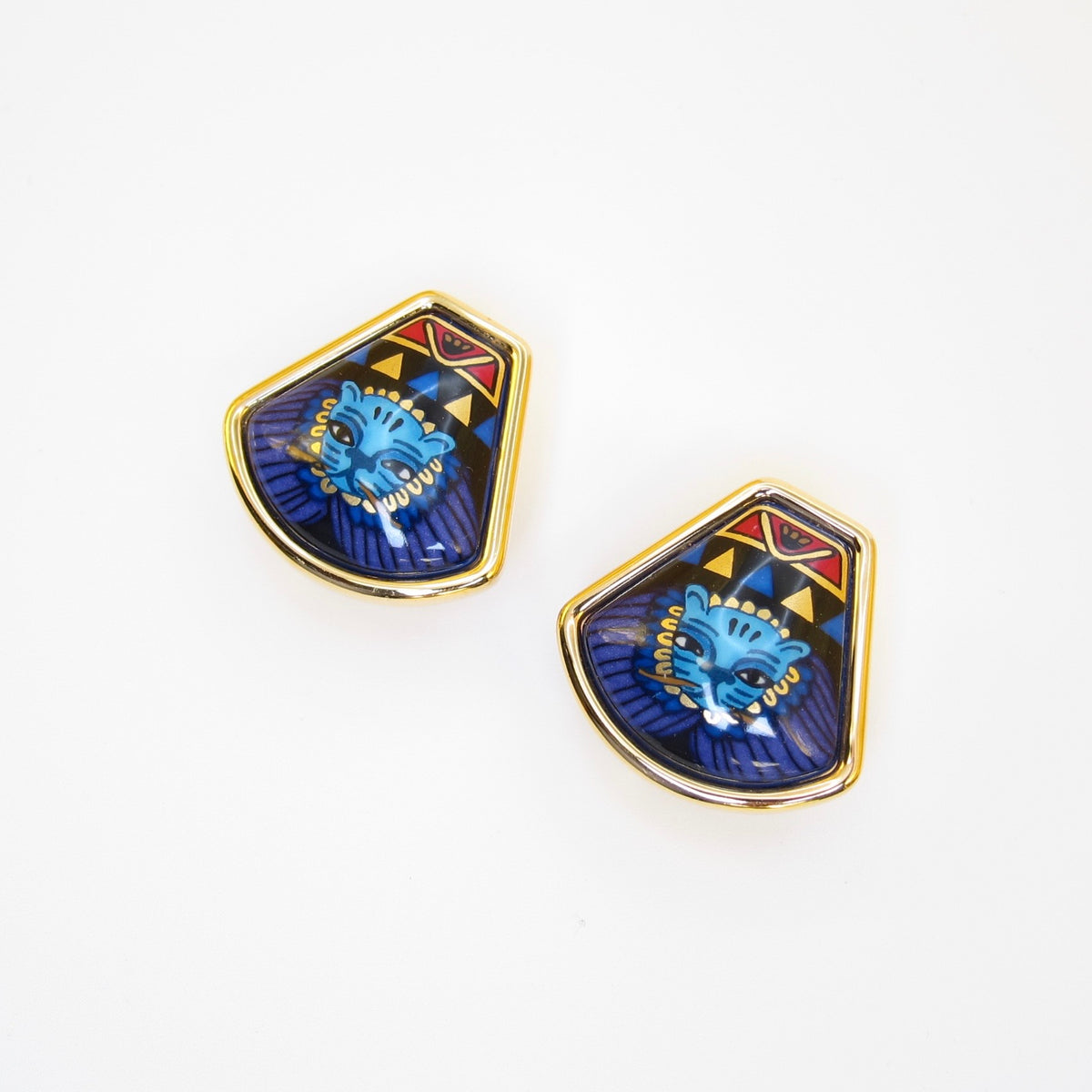 Hermès 中古獅頭藍色琺瑯金色耳夾附盒