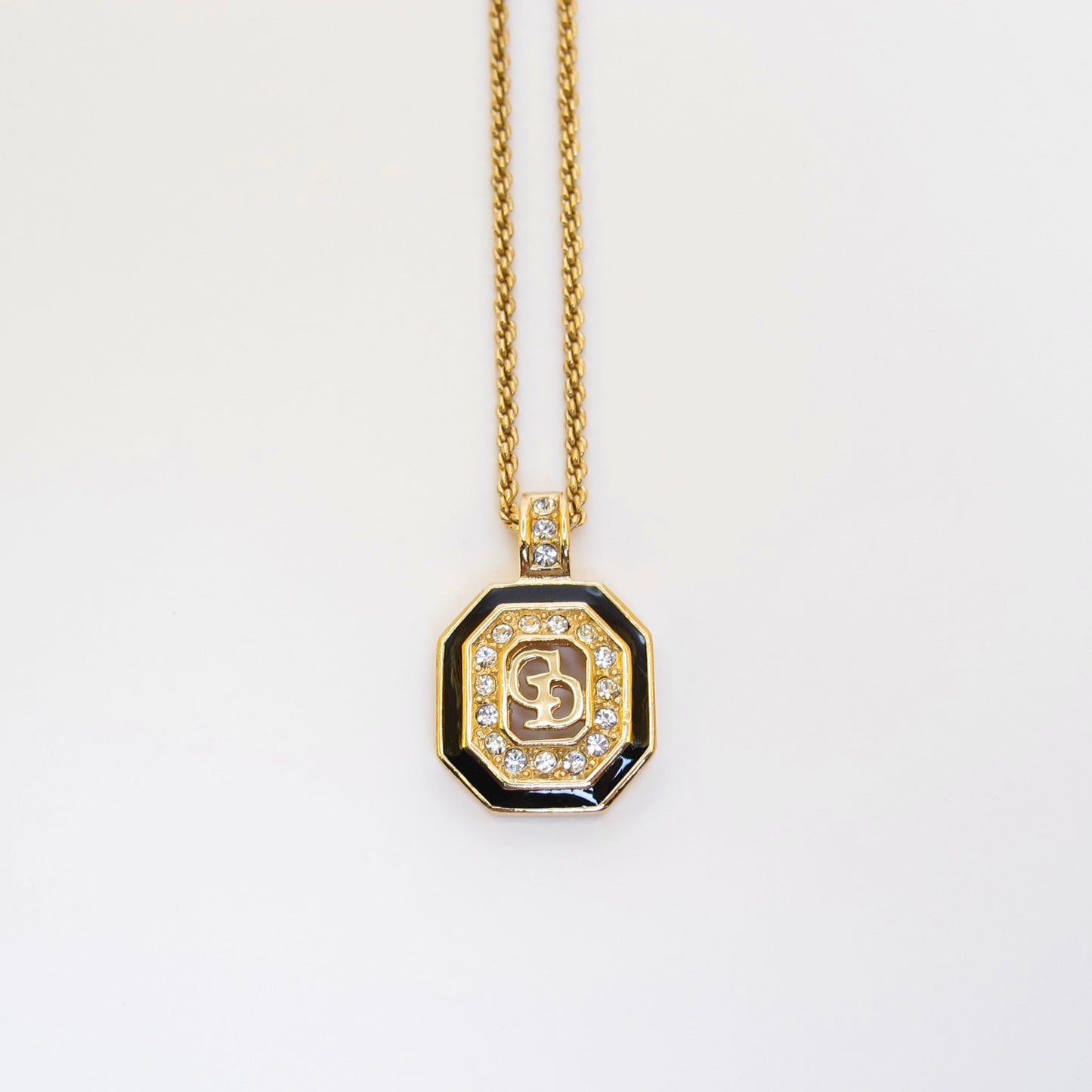 Christian Dior Vintage CD Logo in Octagon Black and Rhinestone Golden Necklace