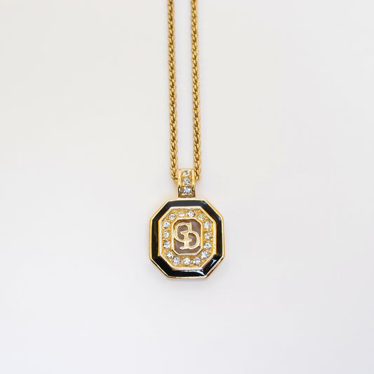 Christian Dior Vintage CD Logo in Octagon Black and Rhinestone Golden Necklace