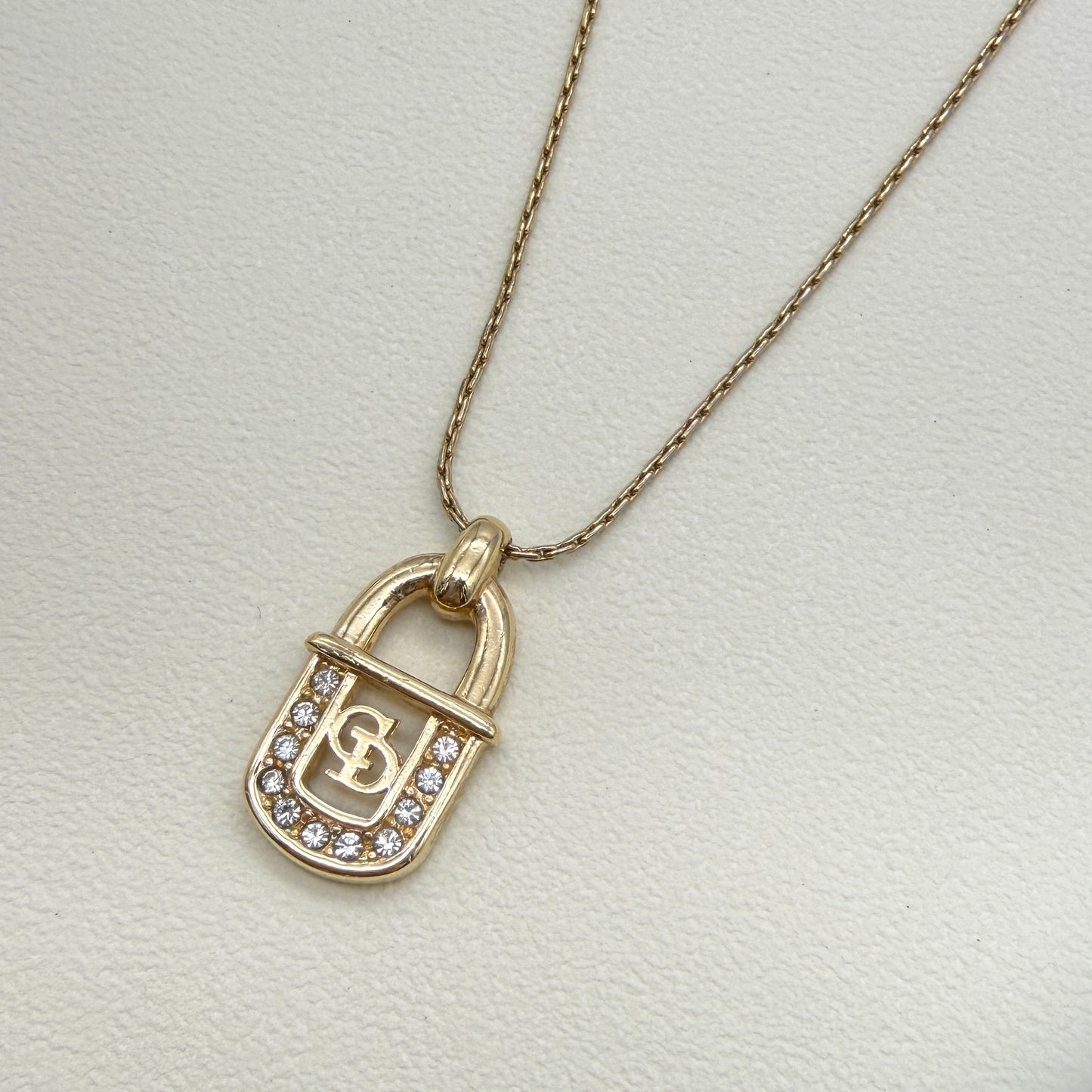 Christian Dior Vintage CD Logo in Lock with Rhinestone Golden Necklace