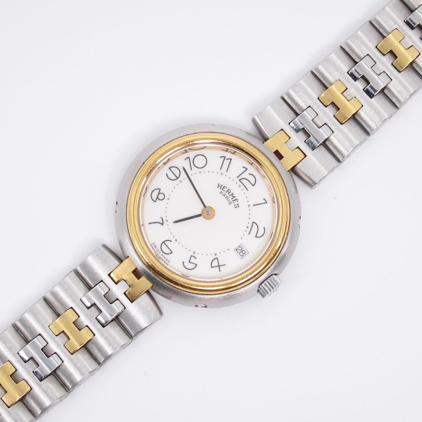 Hermes Vintage Profile White Face with Date and H Bracelet Two Tone Watch
