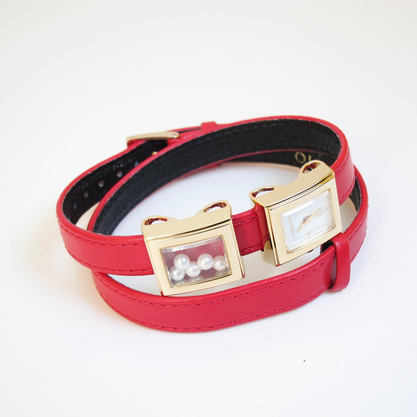 Mikimoto Vintage Pearl Face with Pearl Box Watch with Red Color Leather Strap