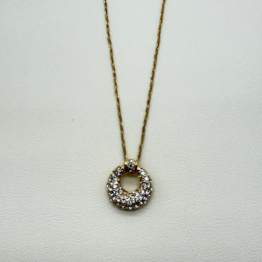 Yves Saint Laurent Vintage Circle with Rhinestone Pendant Golden Necklace