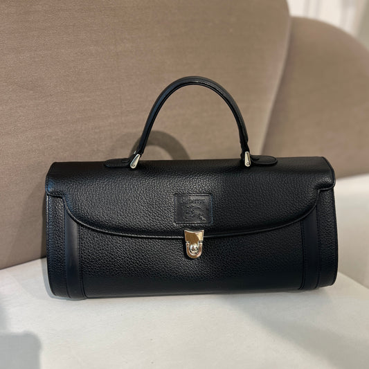 Burberry Vintage Black Leather Top Handle Handbag With Nova Check Inner