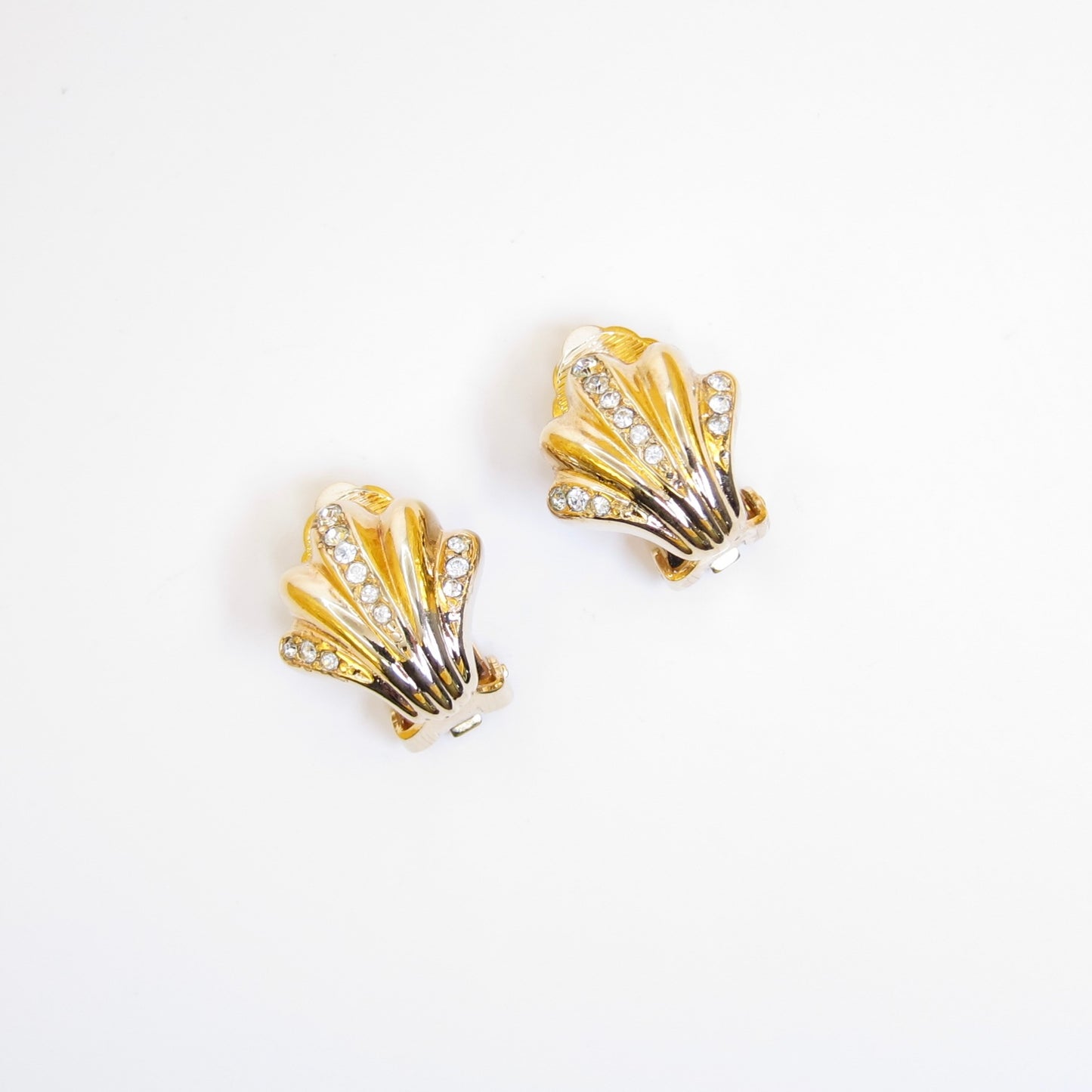Christian Dior Vintage Shell Motif with Rhinestone Golden Clip-on Earrings
