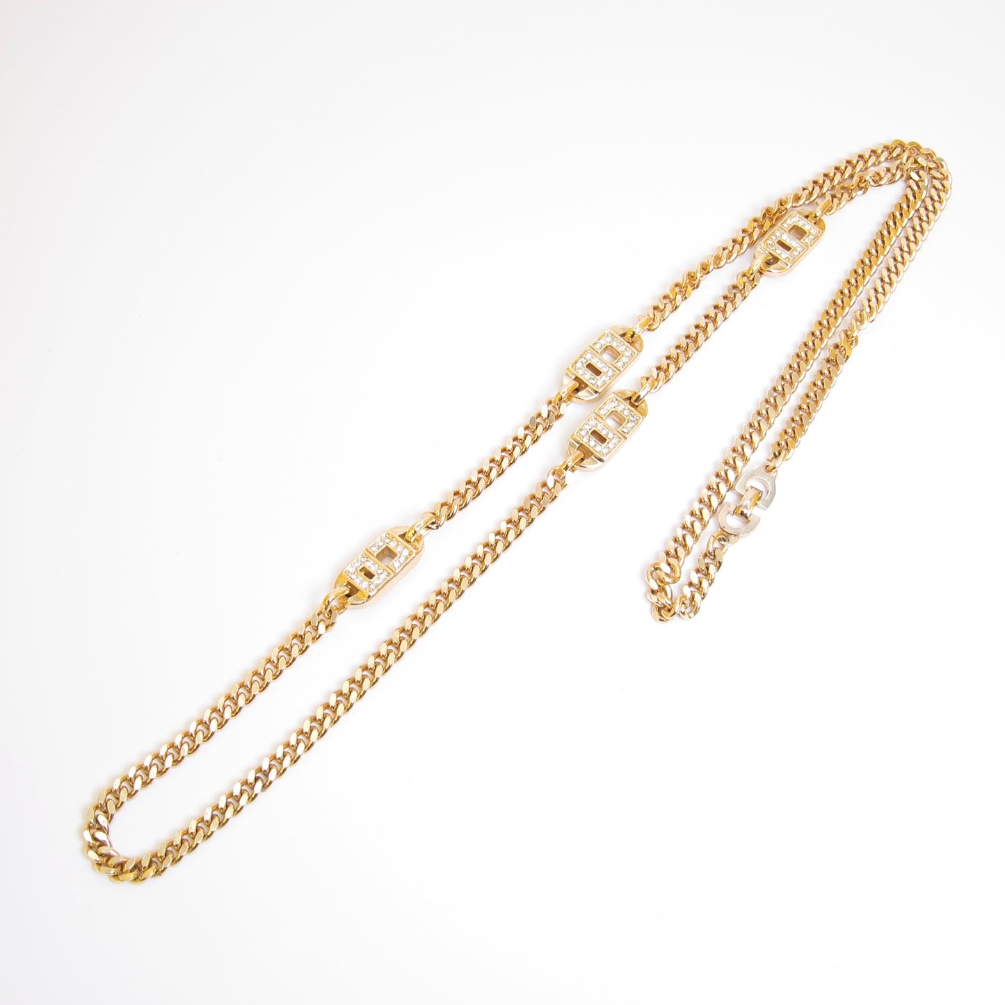 Christian Dior Vintage CD Logo with Rhinestone Golden Long Necklace