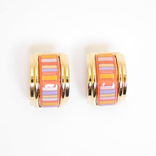 Hermes Vintage Multicolor Striped Cloisonné Enamel Golden Clip-on Earrings