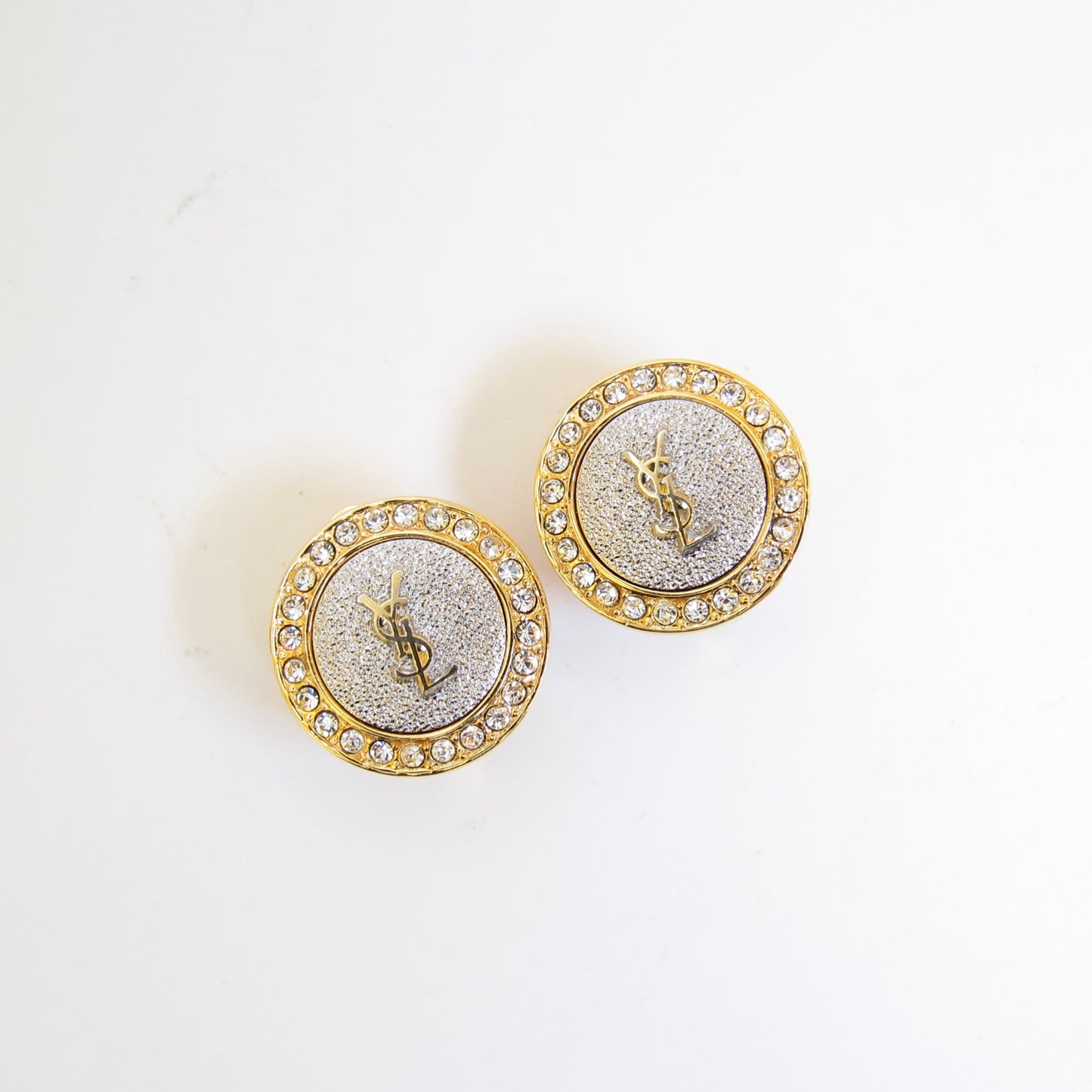 Yves Saint Laurent Vintage YSL Logo on Silver Circle with Rhinestone Golden Clip-on Earrings