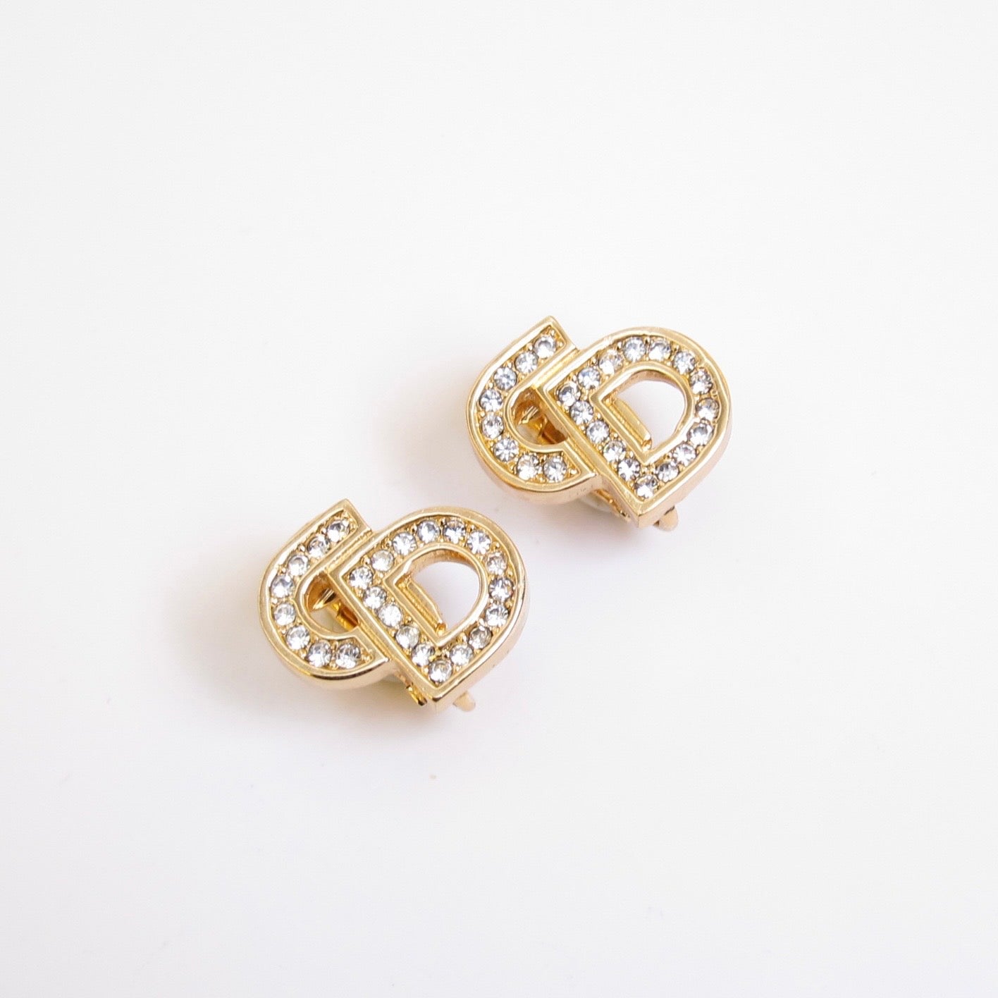 Christian Dior Vintage CD Logo with Rhinestone Golden Clip-on Earrings