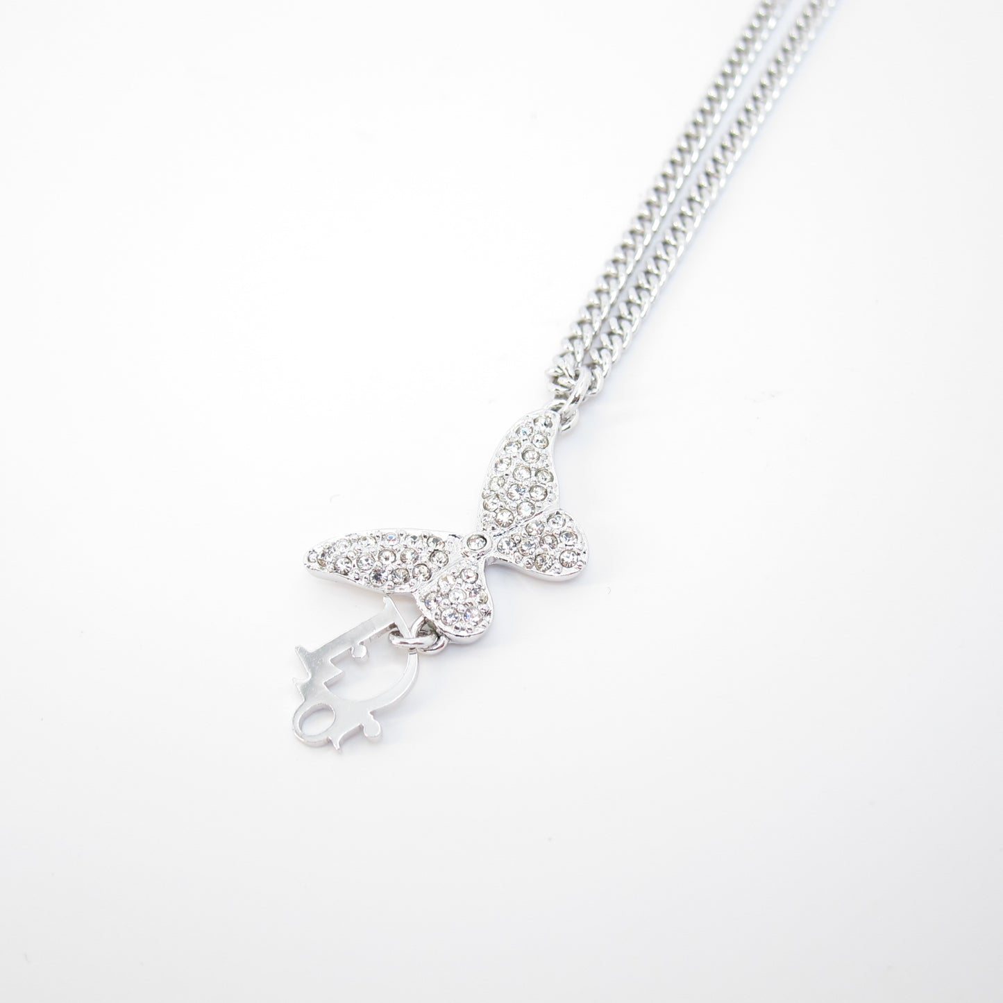 Christian Dior Vintage Dior Logo and Butterfly with Rhinestone Silver Necklace