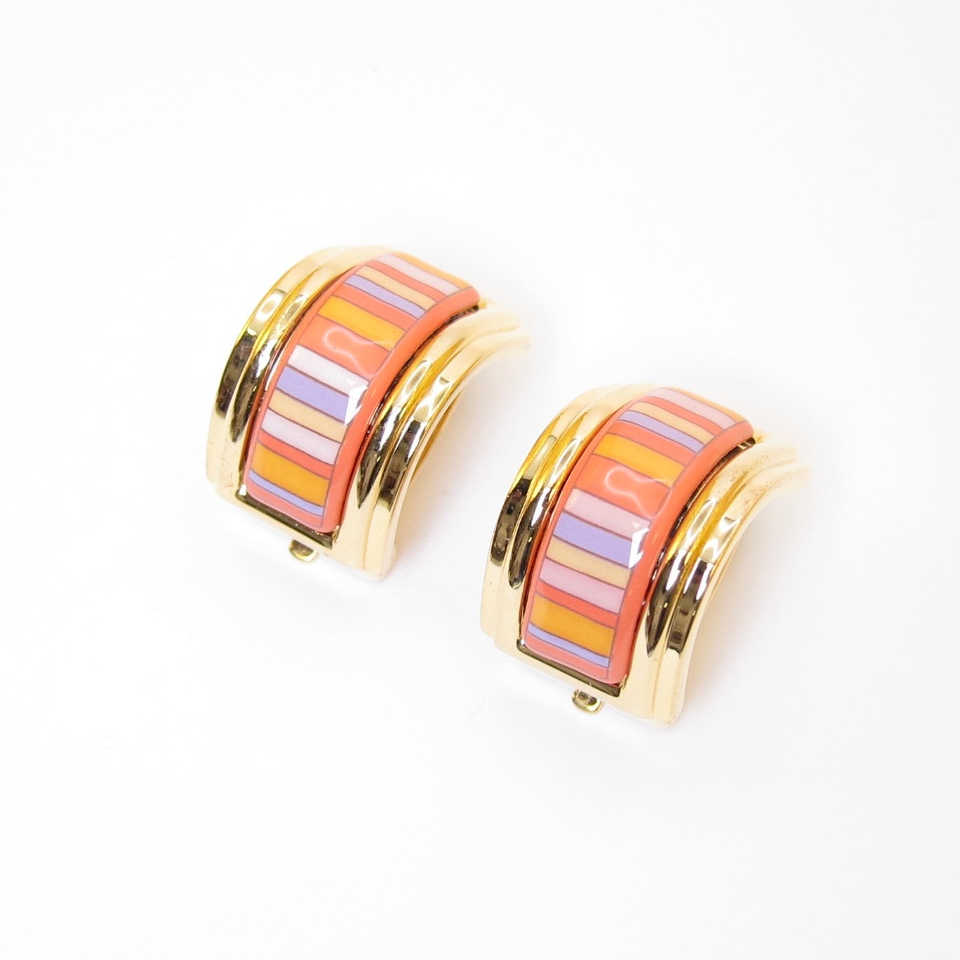 Hermes Vintage Multicolor Striped Cloisonné Enamel Golden Clip-on Earrings